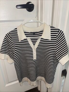 Adrianna Papell Striped Knit Polo Top in Black and White